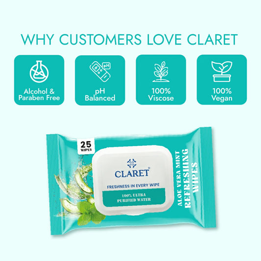 Claret Refreshing Wet Wipes Combo Aloe Vera Mint, Cucumber & Lemon | 25 Pulls