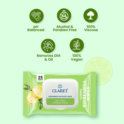 Claret Refreshing Wet Wipes With Lemon | 25 Pulls