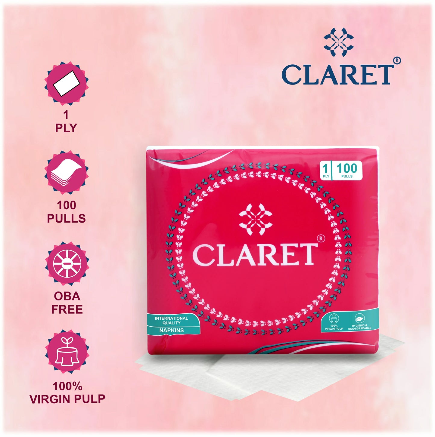 Claret Soft Napkin 1 Ply 100 Pulls - 27 x 30cm