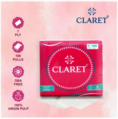 Claret Soft Napkin 1 Ply 100 Pulls - 27 x 30cm