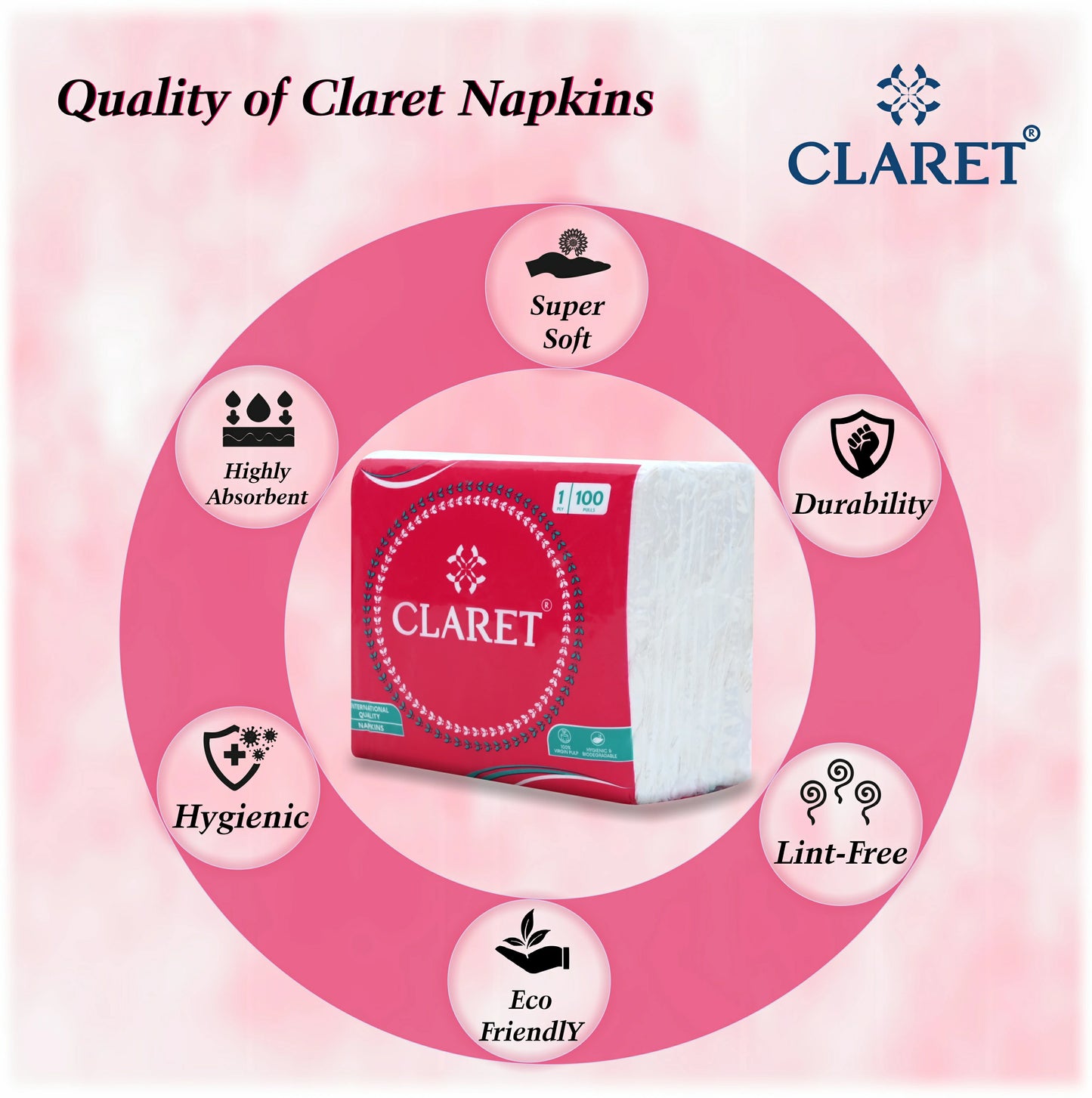 Claret Soft Napkin 1 Ply 100 Pulls - 27 x 30cm