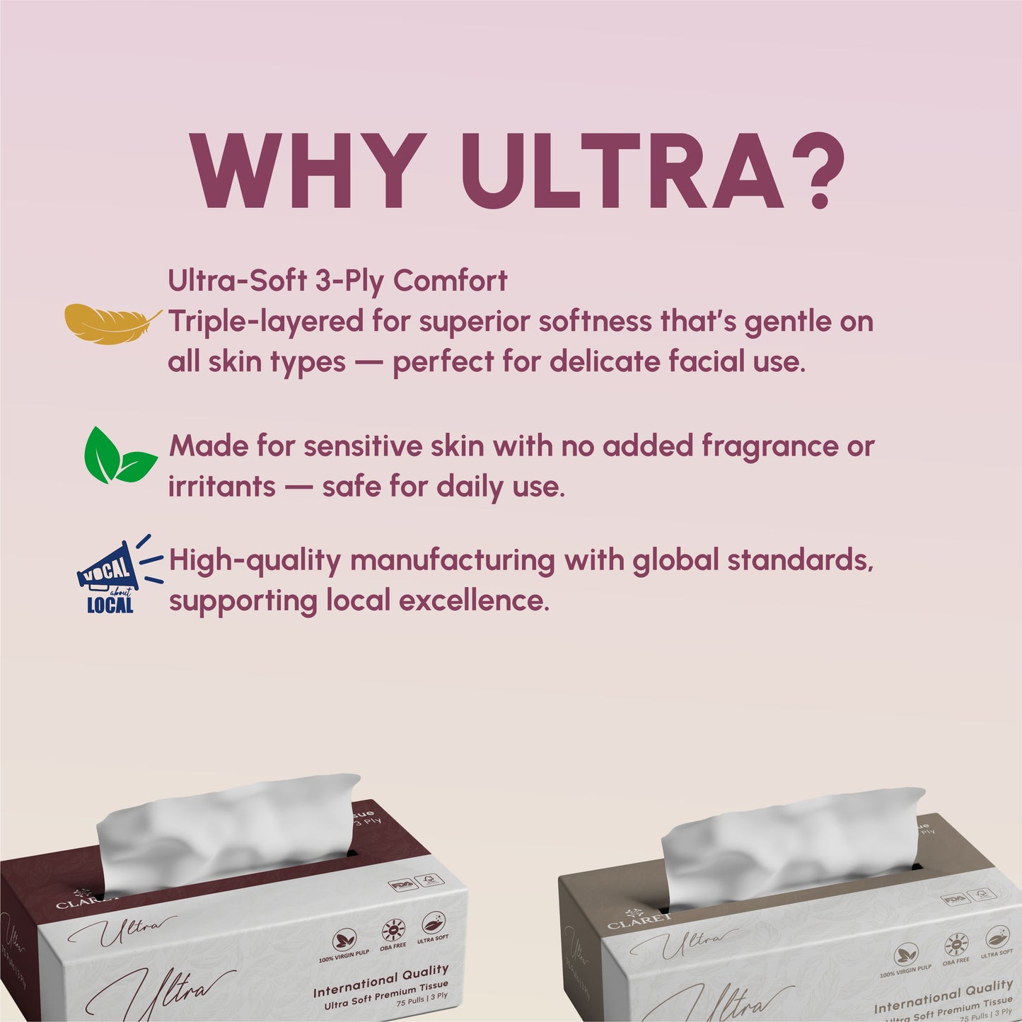 Claret Ultra Premium 3 Ply Facial Tissue 75 Pulls