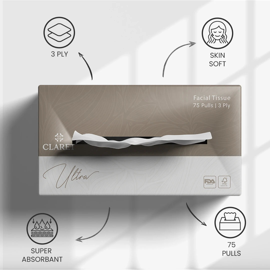 Claret Ultra Premium 3 Ply Facial Tissue 75 Pulls (Assorted)