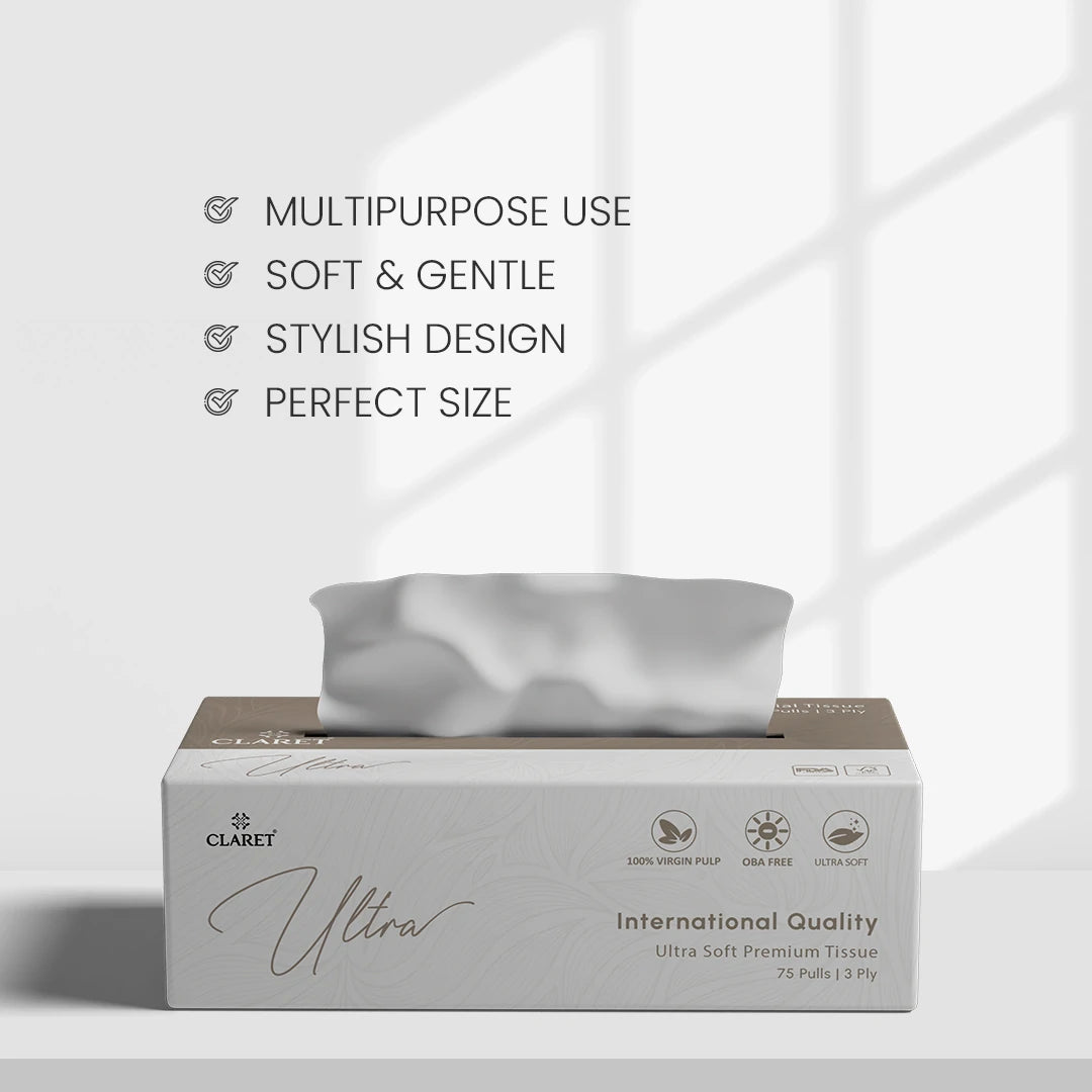 Claret Ultra Premium 3 Ply Facial Tissue 75 Pulls (Assorted)