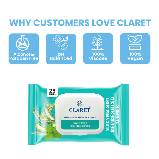 Claret Refreshing Wet Wipes With Aloe Vera & Mint | 25 Pulls