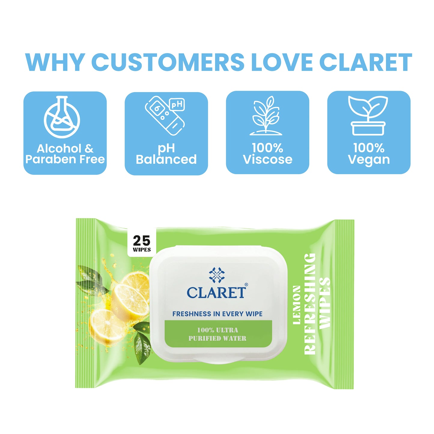 Claret Refreshing Wet Wipes With Lemon | 25 Pulls