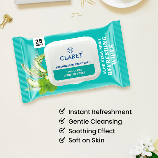 Claret Refreshing Wet Wipes With Aloe Vera & Mint | 25 Pulls
