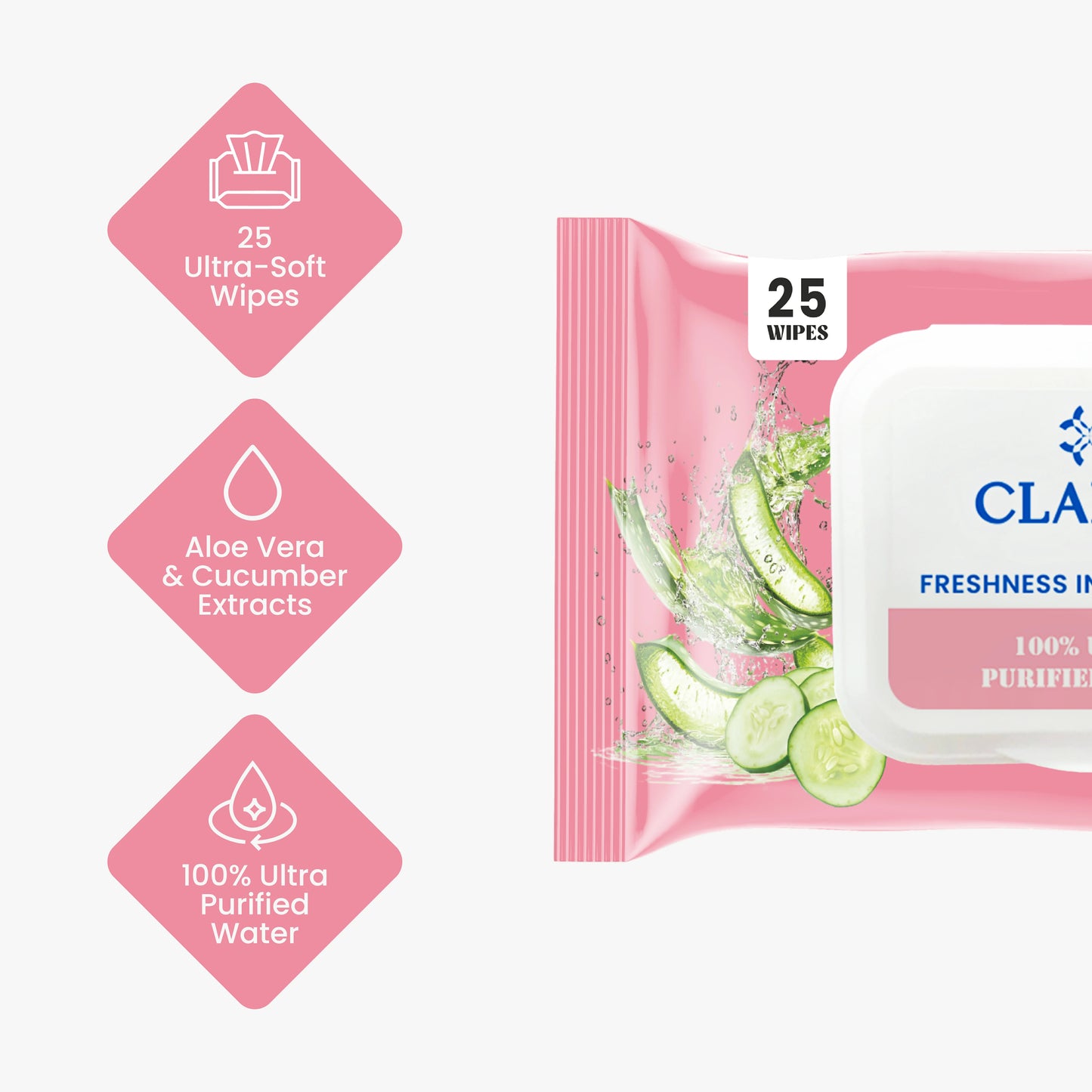 Claret Refreshing Wet Wipes With Aloe Vera & Cucumber | 25 Pulls