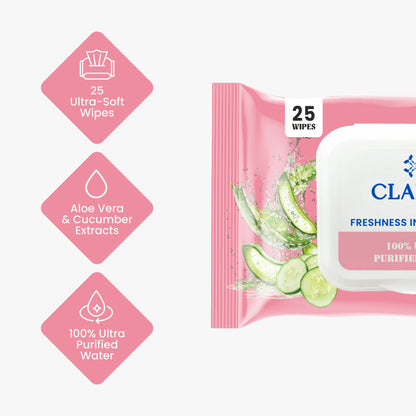Claret Refreshing Wet Wipes With Aloe Vera & Cucumber | 25 Pulls