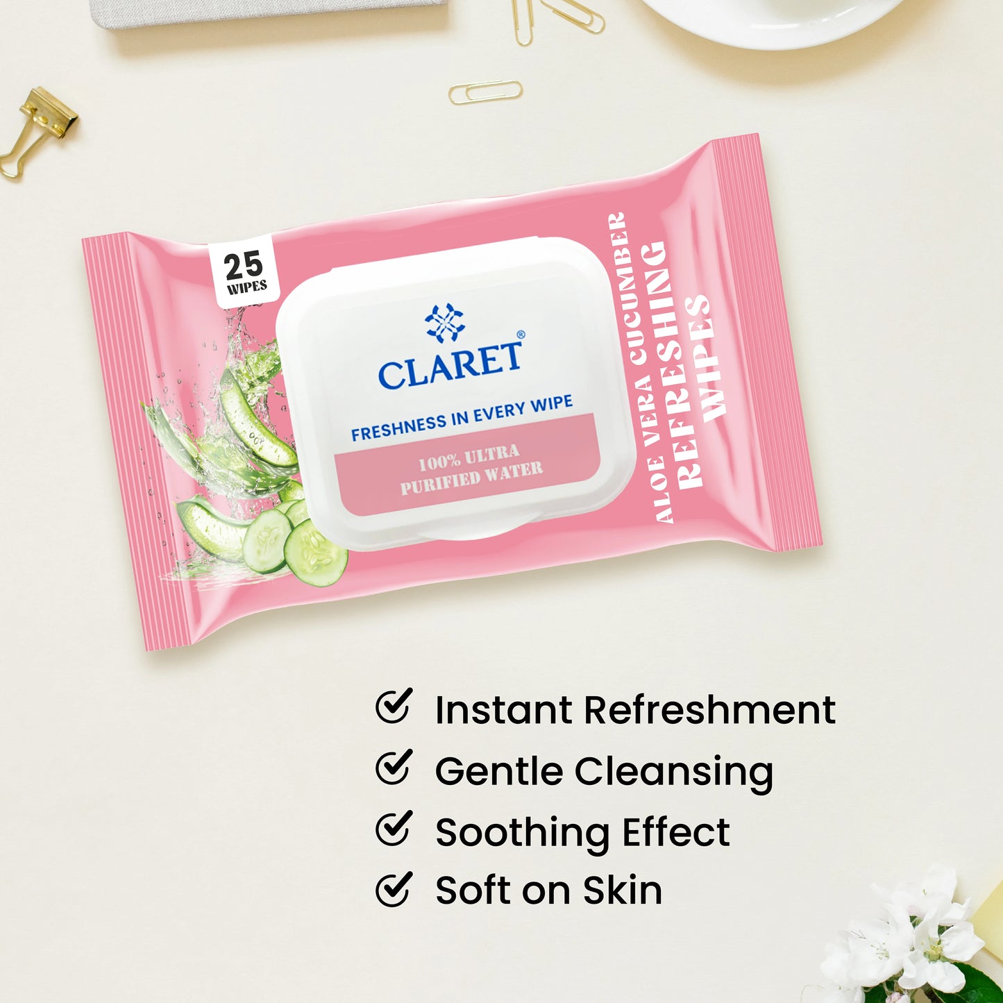 Claret Refreshing Wet Wipes With Aloe Vera & Cucumber | 25 Pulls